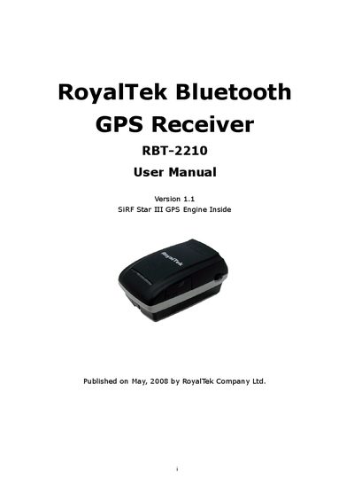 RoyalTek RBT-2210 Bluetooth GPS Receiver User Manual - cover page