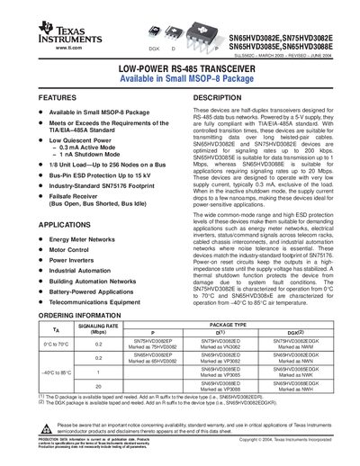 Texas Instruments SN65HVD3082E SN75HVD3082E SN65HVD3085E SN65HVD3088E RS-485 Transceiver Datasheet - cover page