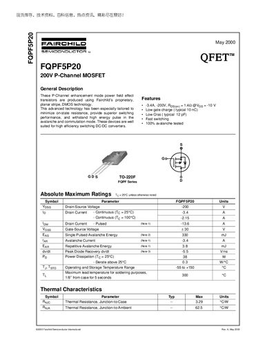 Fairchild FQPF5P20 Datasheet - cover page