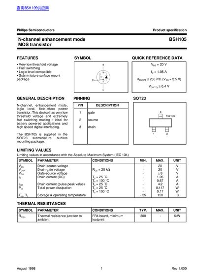 Philips BSH105 MOS Transistor Product Specification - cover page