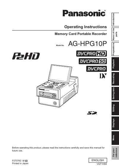 Panasonic AG-HPG10P Memory Card Portable Recorder Operating Instructions