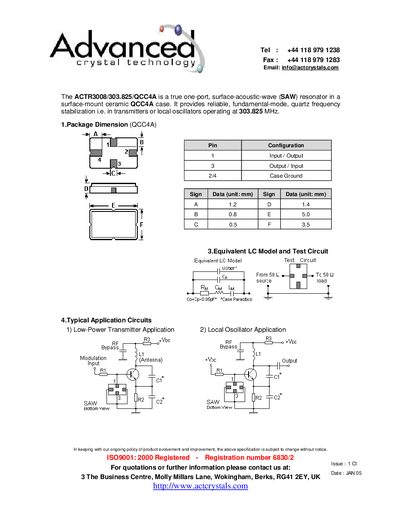 ACTR Crystals ACTR3008/303.825/QCC4A SAW Resonator Datasheet - cover page