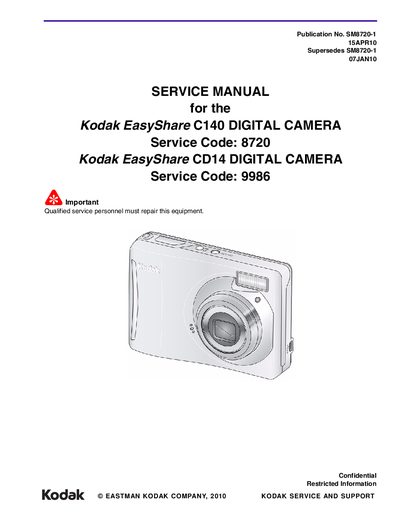 Kodak EasyShare C140 DIGITAL CAMERA 8720 SERVICE MANUAL - cover page