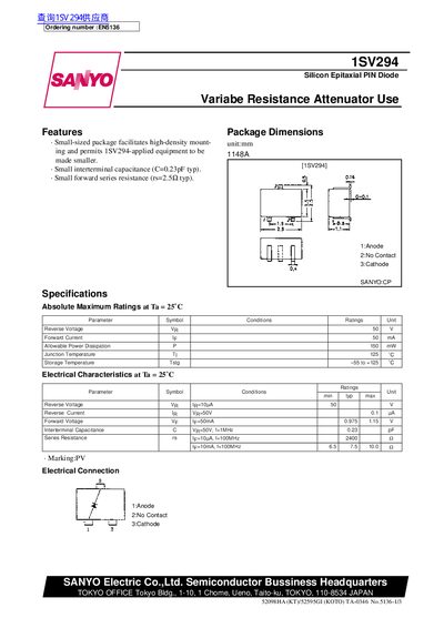 Sanyo 1SV294 Variable Resistance Attenuator Datasheet - cover page