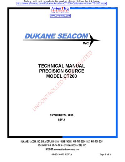 Dukane CT200 Precision Source Technical Manual - cover page