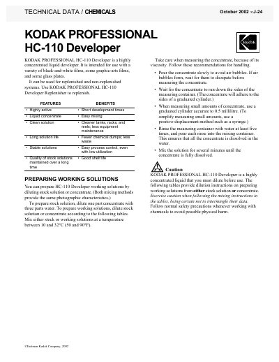 Kodak HC-110 Developer User Manual - cover page