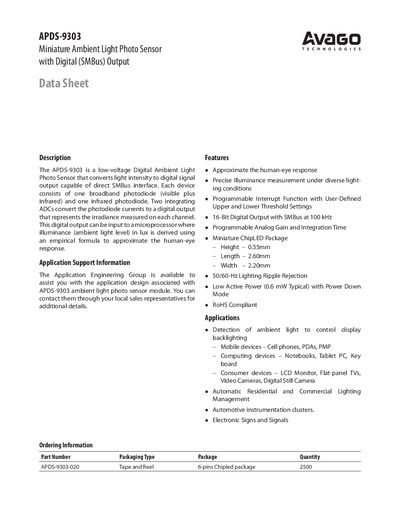 Avago APDS-9303 Ambient Light Photo Sensor Datasheet - cover page
