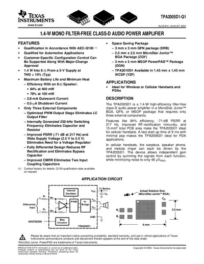 Texas Instruments TPA2005D1-Q1 1.4‑W Mono Filter‑Free Class‑D Audio Power Amplifier Datasheet - cover page