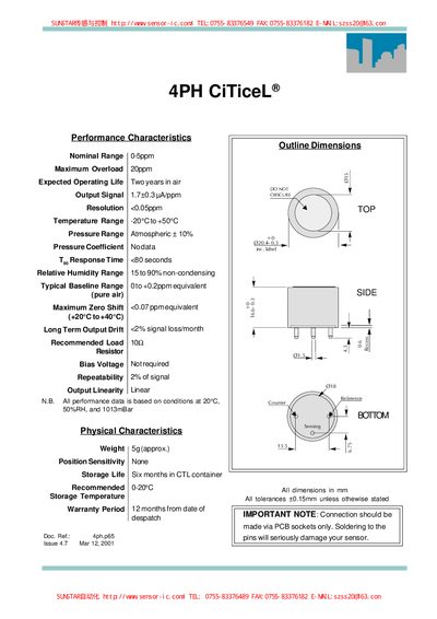 SUNSTAR 4PH Phosphine Sensor Datasheet