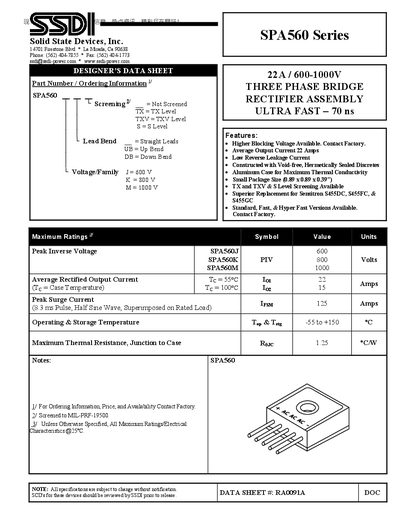 SSDI SPA560 Series 22A 600-1000V THREE PHASE BRIDGE RECTIFIER ASSEMBLY ULTRA FAST 70 ns Guide - cover page