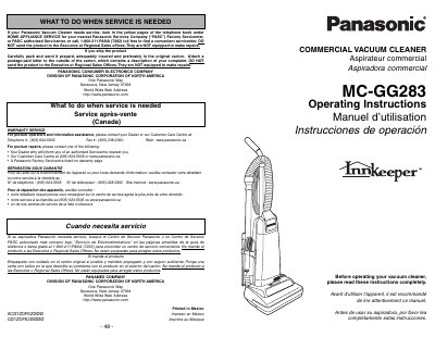 Panasonic MC-GG283 Commercial Vacuum Cleaner Operating Instructions - cover page