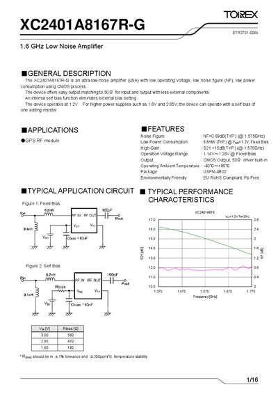 Torex XC2401A8167R-G Low Noise Amplifier Datasheet - cover page