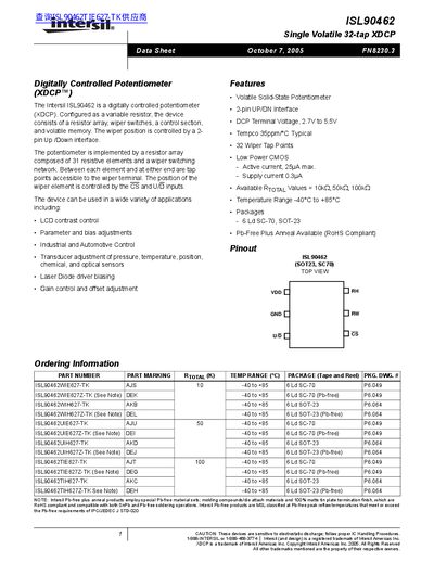 Intersil ISL90462 Digitally Controlled Potentiometer Datasheet