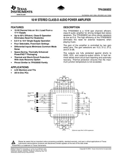 Texas Instruments TPA3008D2 Datasheet - cover page