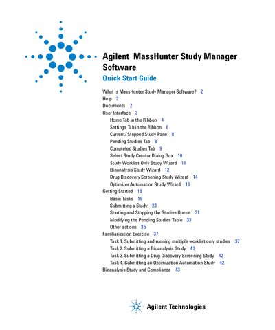 Agilent MassHunter Study Manager Software Quick Start Guide - cover page