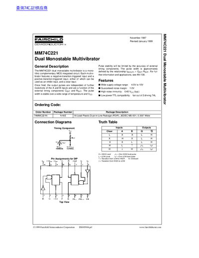 Fairchild MM74C221 Dual Monostable Multivibrator Datasheet - cover page