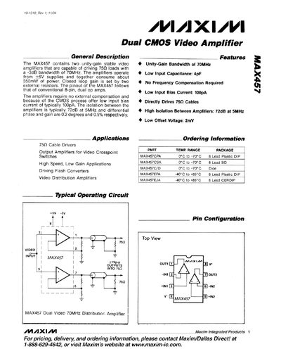 Maxim MAX457 Dual CMOS Video Amplifier Datasheet - cover page