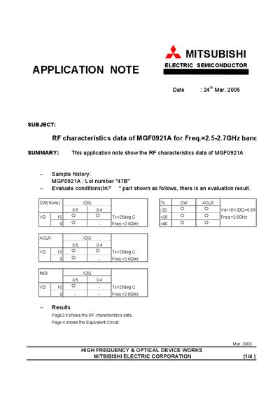 Mitsubishi Electric MGF0921A Application Note - cover page