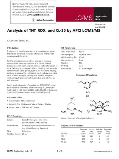 Agilent Technologies Analysis of TNT RDX CL-20 by APCI LC/MS/MS Application Note - cover page