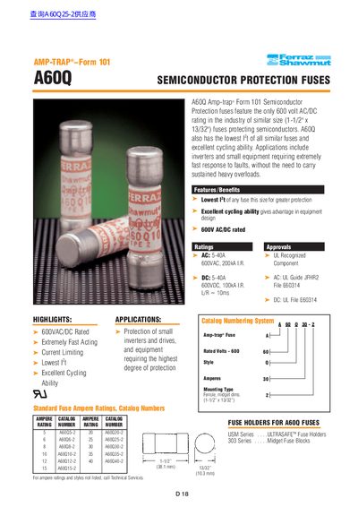 Ferraz shawmut AMP-TRAP Form 101 A60Q SEMICONDUCTOR PROTECTION FUSES - cover page