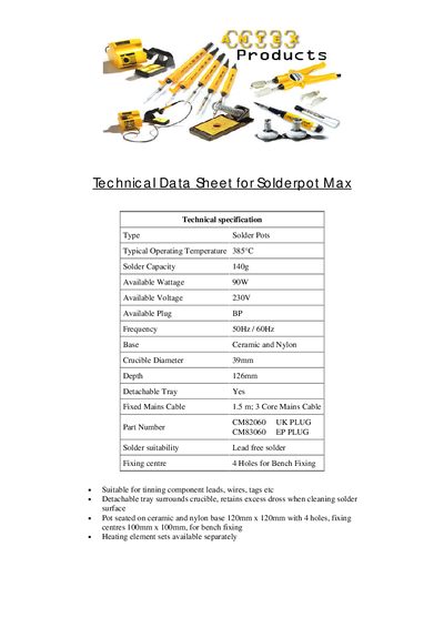ANTEX Solderpot Max Technical Data Sheet - cover page