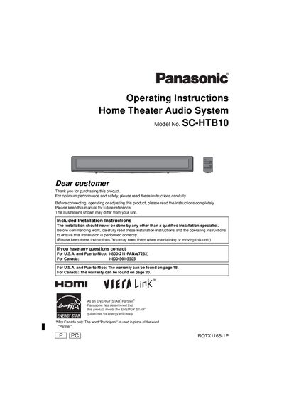 Panasonic SC-HTB10 Home Theater Audio System Operating Instructions - cover page