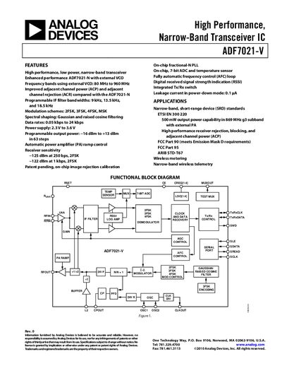 Analog Devices ADF7021-V Transceiver IC Datasheet