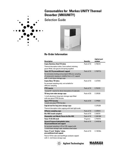 Agilent Consumables for Markes UNITY Thermal Desorber Selection Guide - cover page