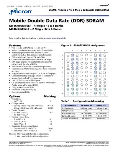 MICRON Mobile Double Data Rate (DDR) SDRAM MT46H32M16LF 4 Meg x 16 x 4 Banks MT46H16M32LF 2 Meg x 32 x 4 Banks - cover page