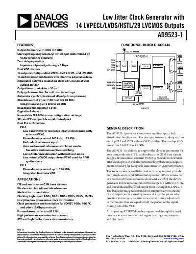 Analog Devices AD9523-1 Low Jitter Clock Generator Datasheet