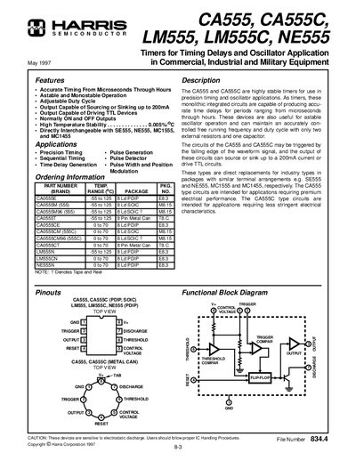 Harris CA555, CA555C, LM555, LM555C, NE555 Datasheet - cover page