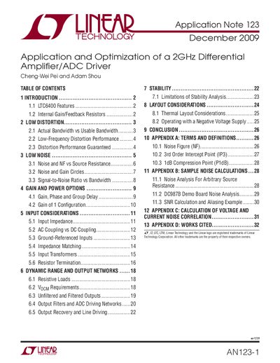 Linear Technology LTC6400 2GHz Differential Amplifier/ADC Driver Application Note 123 - cover page