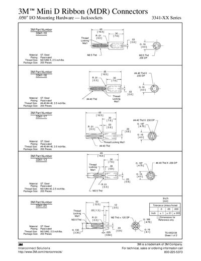 3M Mini D Ribbon (MDR) Connectors .050&Prime; I/O Mounting Hardware Jacksockets 3341-XX Series - cover page