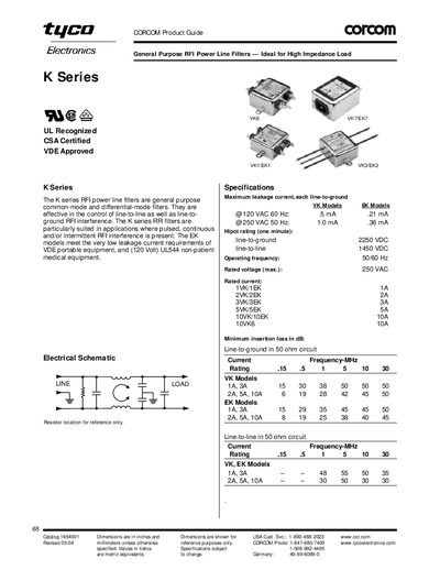 Tyco K Series RFI Power Line Filters Datasheet - cover page