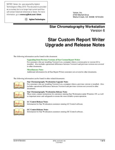 Agilent Star Custom Report Writer Version 6 Upgrade and Release Notes - cover page