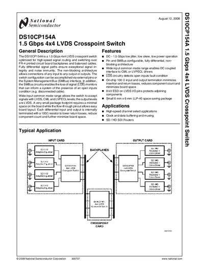 National Semiconductor DS10CP154A 1.5 Gbps 4x4 LVDS Crosspoint Switch Datasheet - cover page