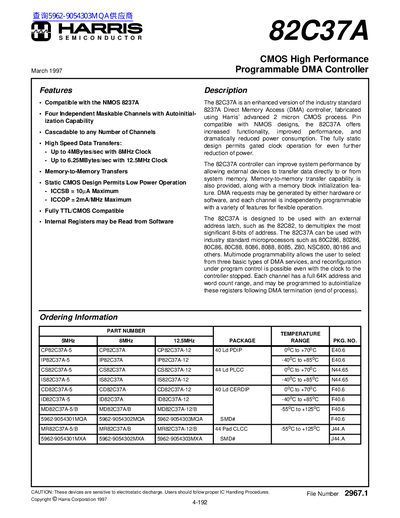 Harris 82C37A CMOS High Performance Programmable DMA Controller Datasheet - cover page