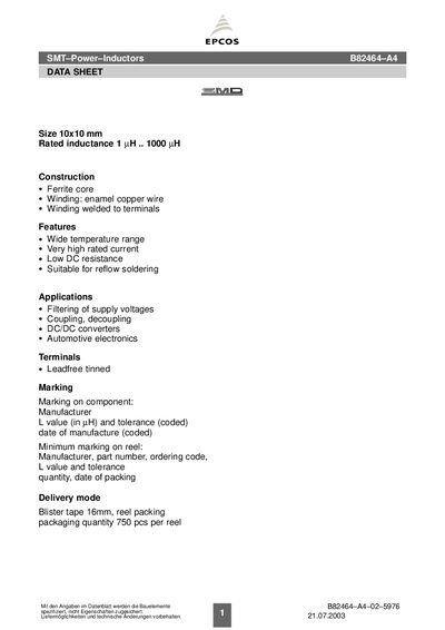 EPCOS B82464-A4 Power Inductor Datasheet