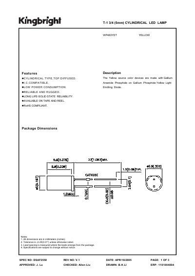 KINGBRIGHT - SPEC NO: DSAF2550 REV NO: V.1 T-1 3/4 (5mm) CYLINDRICAL LED LAMP handbook - cover page
