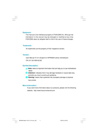 Foxconn NFPIK8AA Series Motherboard User Manual - cover page