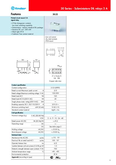Finder 30 Series Subminiature DIL Relay 2 A Datasheet - cover page