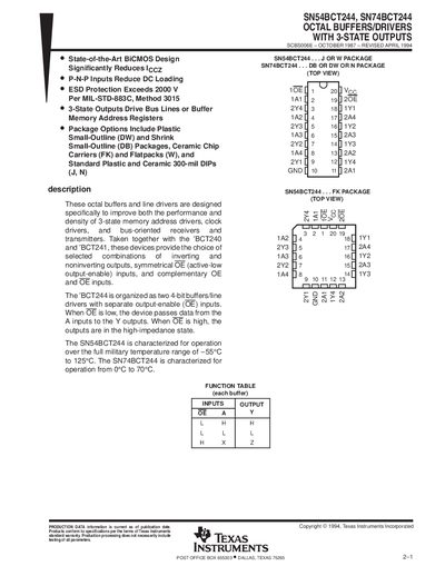 TEXAS INSTRUMENTS SN54BCT244 SN74BCT244 OCTAL BUFFERS/DRIVERS WITH 3-STATE OUTPUTS Data Sheet 