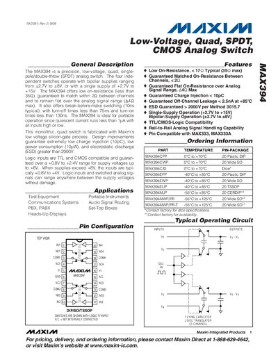 Maxim MAX394 Low-Voltage Quad SPDT CMOS Analog Switch Datasheet - cover page