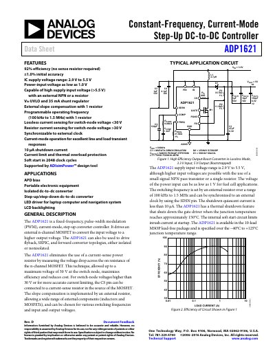 Analog Devices ADP1621 Constant-Frequency Current-Mode Step-Up DC-to-DC Controller Data Sheet - cover page