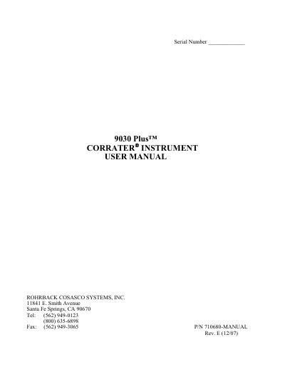 Rohrback 9030 Plus CORRATER Instrument User Manual - cover page