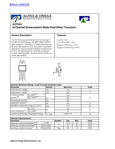 ALPHA OMEGA AOL1424 N-Channel Enhancement Mode Field Effect Transistor datasheet - cover page