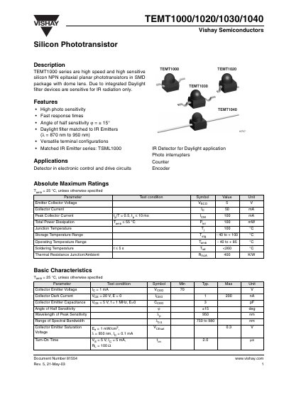 Vishay TEMT1000/1020/1030/1040 Silicon Phototransistor Datasheet - cover page