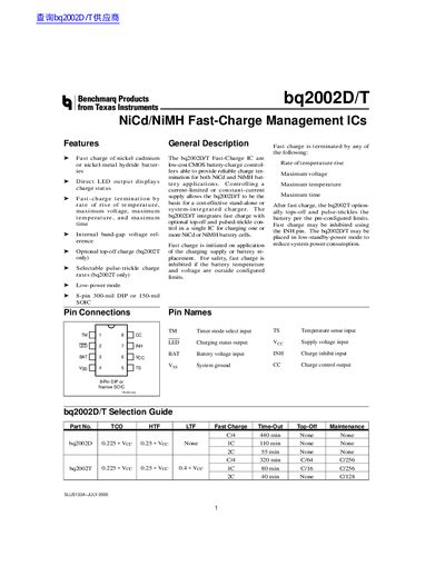 Texas Instruments bq2002D/T Fast-Charge Management IC Datasheet - cover page
