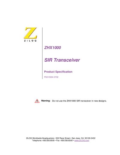 ZiLOG ZHX1000 SIR Transceiver Product Specification - cover page