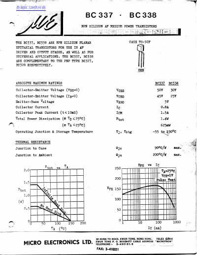 Micro BC337/BC338 NPN Silicon AF Medium Power Transistor Datasheet - cover page